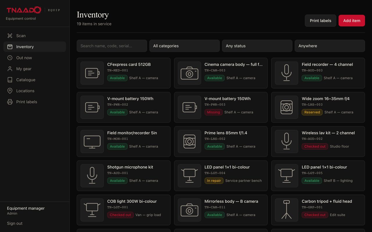 TNAADO Equip showing the equipment inventory